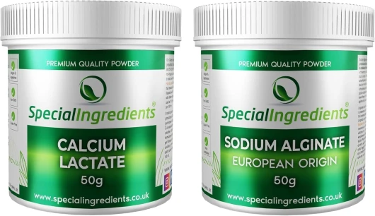 Lactate De Calcium & Alginate De Sodium, Cuisine Moléculaire, Paquet de deux ingrédients, Idéale pour la sphérification de base et à la sphérification inversée - 2 x 50 gramme