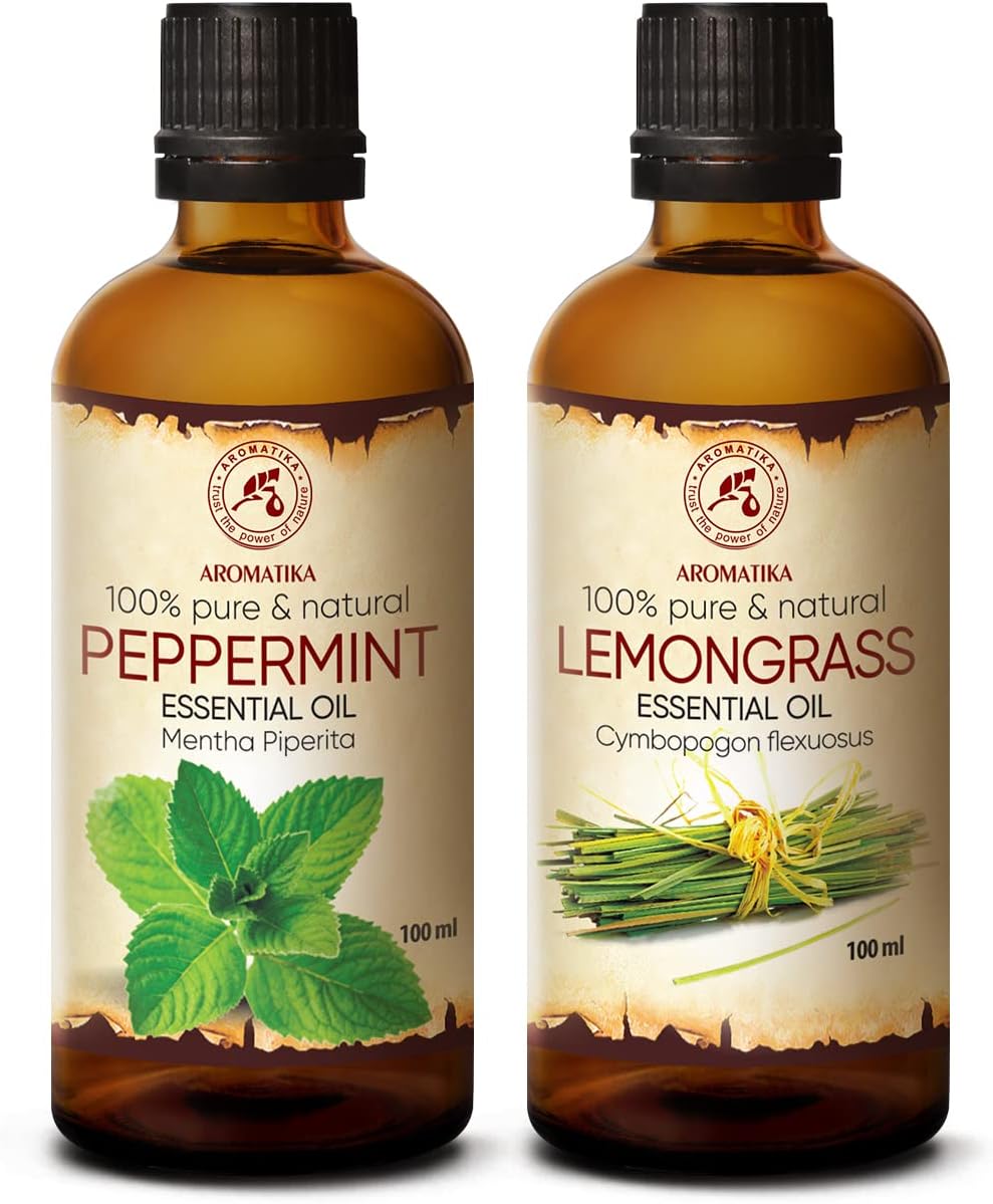 Huiles Essentielles Set 2x100ml - Huile de Menthe Poivrée - Huile de Citronnelle - Pur & Naturel pour Diffuseurs - Aromathérapie - Beauté - Spa - Relaxation - Bain