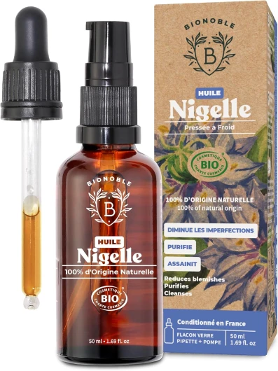Huile de Nigelle Bio Pure 50ml + Pipette et Pompe - Bouteille en Verre - 100% Naturelle, Pressée à Froid - Huile Nigelle Bio Visage Corps Cheveux - Huile de Cumin Noir Bio, Black Seed Oil