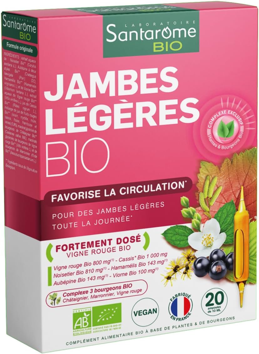 Jambes Légères - Complément Alimentaire Circulation - Jambes Lourdes, Enflées ou Douloureuses - A base de plantes - Vigne Rouge, Noisetier - 20 Ampoules - Made In France -Végan