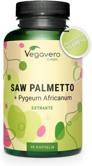 Saw Palmetto 10000 mg - Avec Pygeum Africanum - Extraits Fortement Dosé - 45% Acides Gras & 10% Stérols - Prostate & Confort Urinaire Homme - VEGAN & Sans Additifs - 90 Gélules - Vegavero®