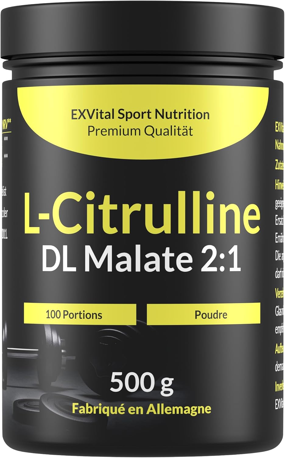 L-Citrulline en poudre, 500g L-Citrulline DL-Malate 2:1 - Solubilité optimale, testé en laboratoire & sans additifs, booster d'entraînement, acide aminé