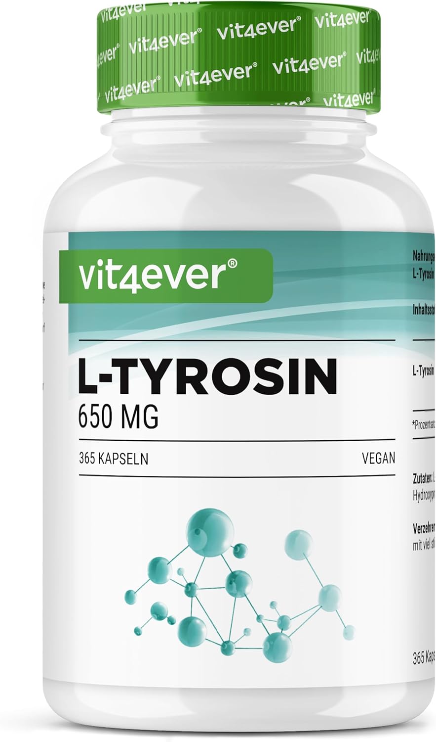 L-Tyrosine - 365 gélules végétaliennes - Extra fortement dosé avec 1300 mg par portion journalière - Acide aminé pur issu de la fermentation végétale - Vegan - Haute dose