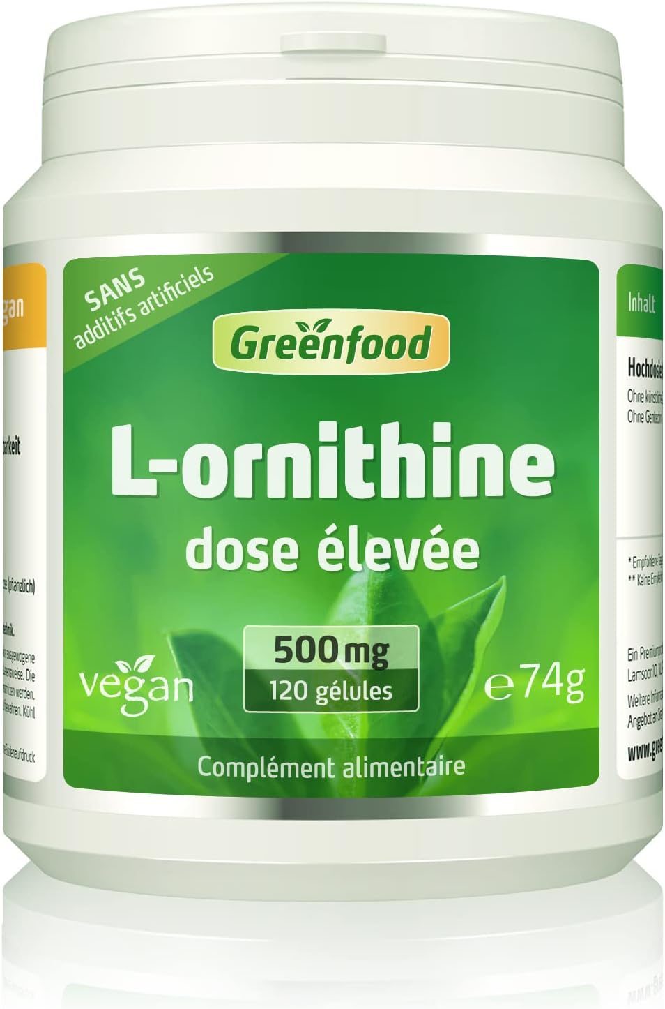 L-ornithine, 500 mg, dose élevée, 120 gélules - acide aminé important - Produit par fermentation naturelle - SANS additifs artificiels, sans organisme génétiquement modifié - Vegan