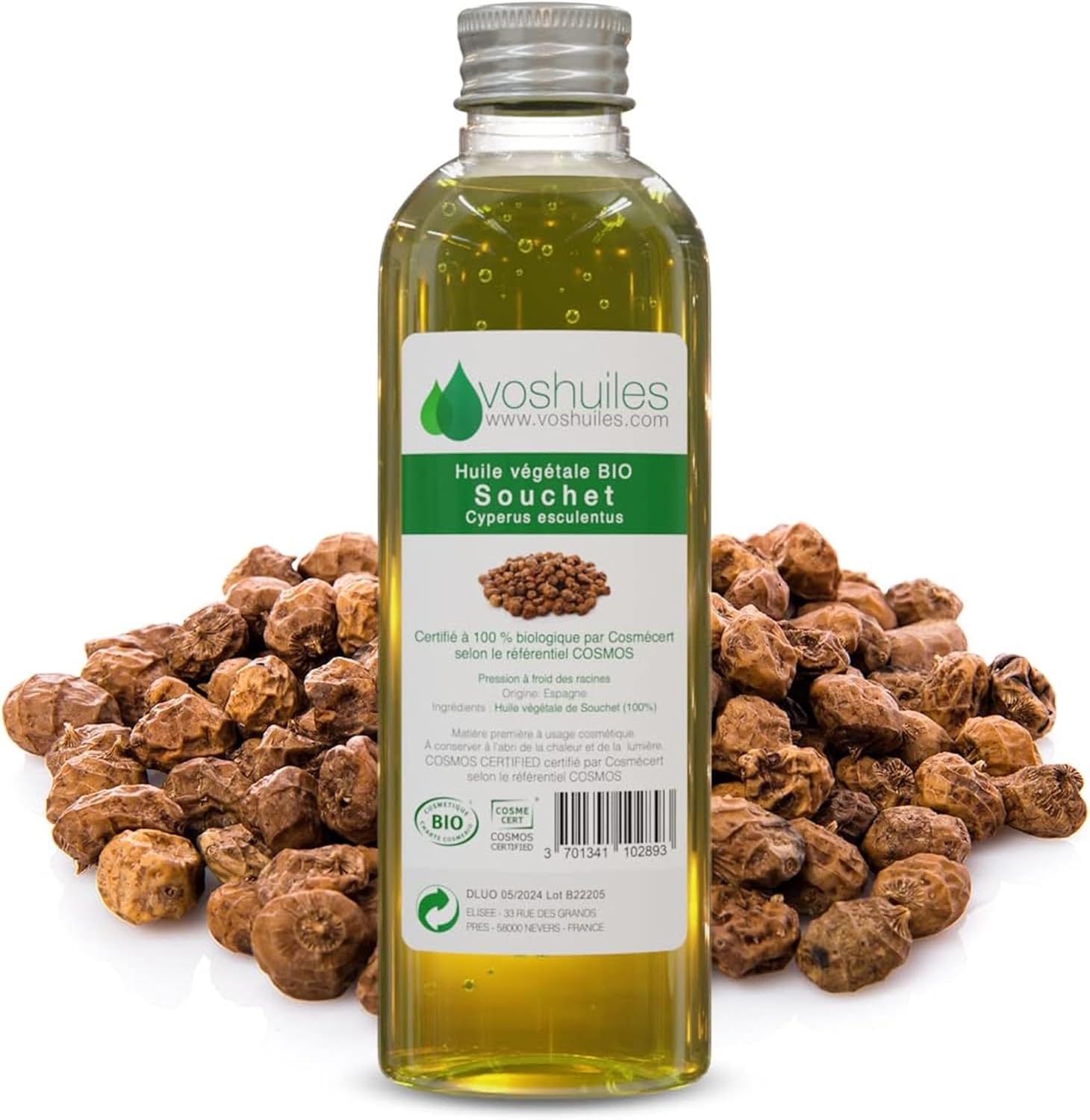 VOSHUILES - Huile Végétale BIO de Souchet - 100ml - Certifiée COSMOS - Riche en oméga 6 et en oméga 9 - riche en Acides Gras et en Vitamine E - Pression à Froid - Base pour Créations Cosmétiques Souchet 100 ml