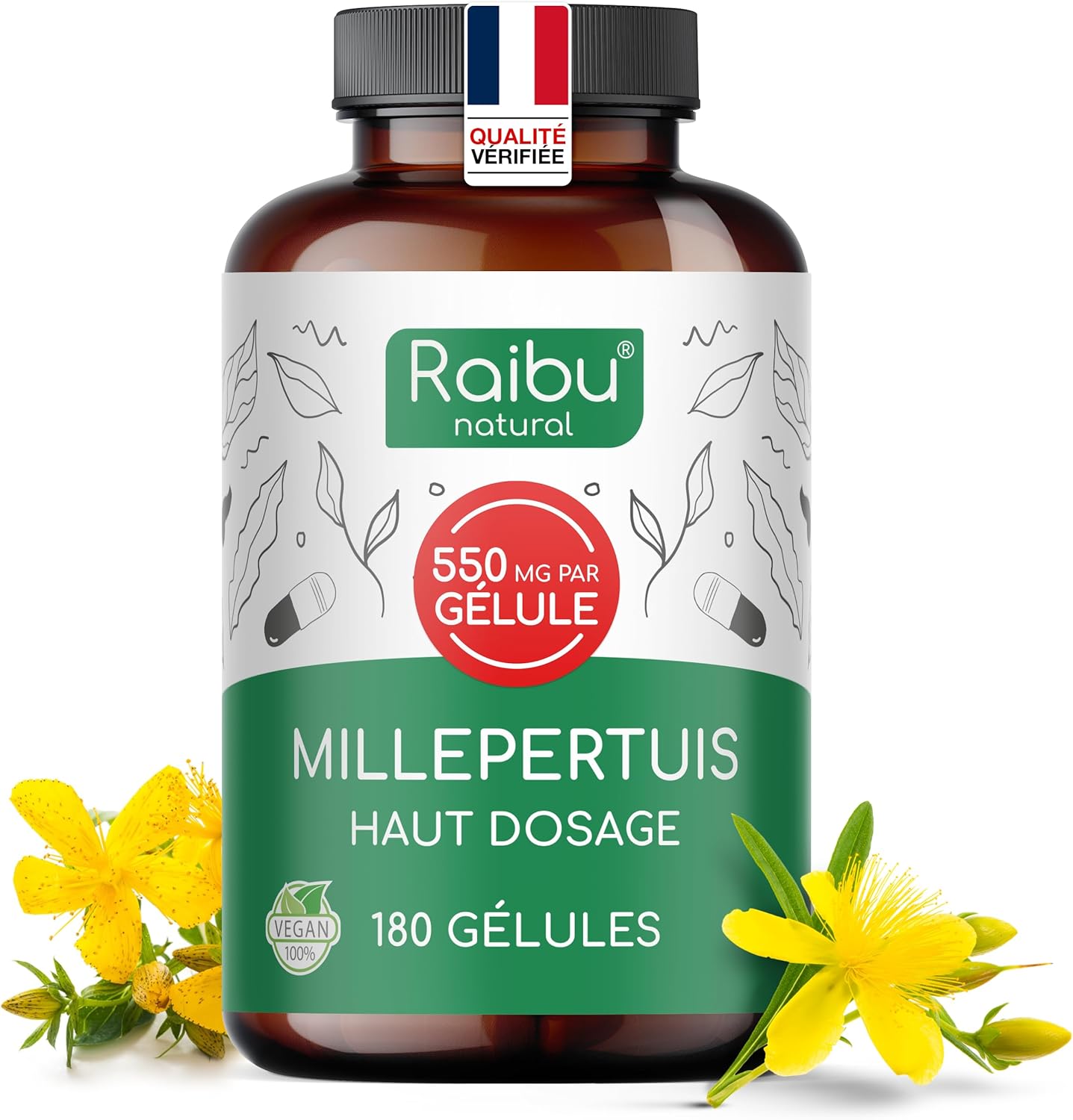 Millepertuis - 550 mg de Millepertuis par Gélule - Hautement Concentré en Hypéricine - Humeur & Sommeil - 180 Gélules Véganes - Naturel, Sans Additifs - Qualité Supérieure, Raibu