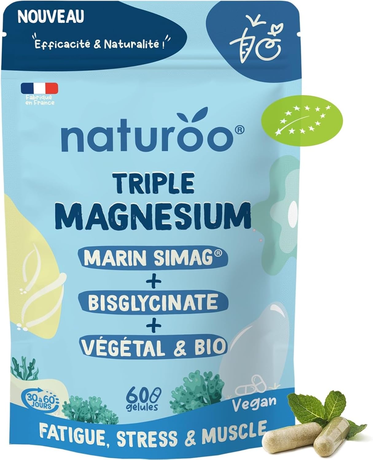 Triple Magnésium Bio - Végétal (Laitue de Mer), Marin SiMAG®, Bisglycinate - 60 Gélules Vegan (1 à 2 mois) - Haute Absorption - Fatigue, Stress, Sommeil, Muscles