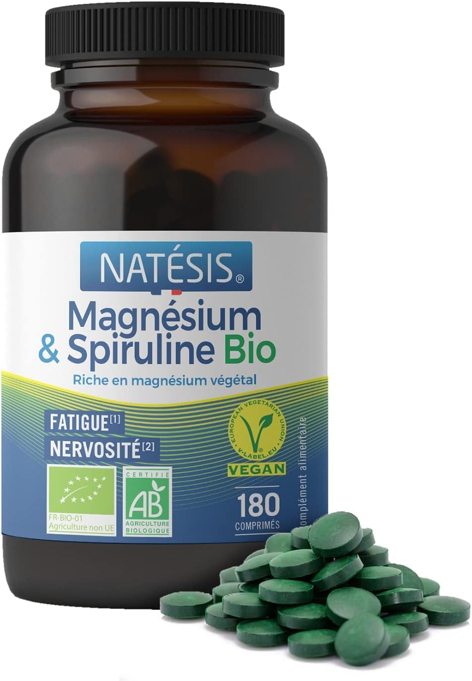 Natésis - Magnésium & Spiruline Bio COMPLEXE UNIQUE ANTI FATIGUE - Superaliment, énergie, immunité, sport - 180 comprimés