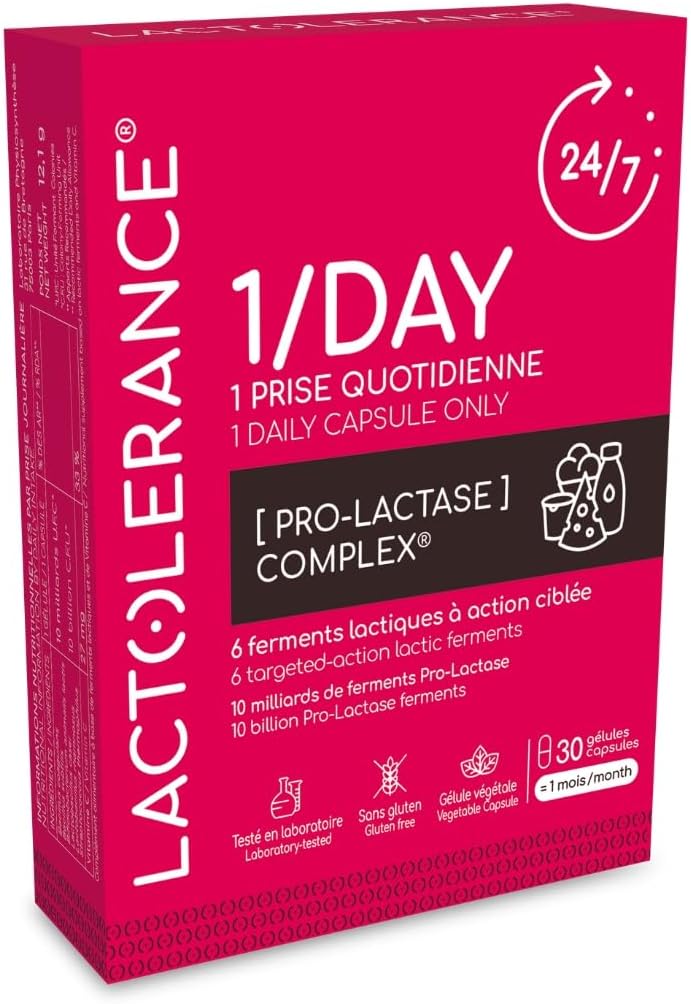 LACTOLERANCE 1/DAY I Précurseur de Lactase I Protection 24h/24-1 seule gélule par jour - Améliore la digestion du lactose - Tout niveau d'intolérance - 1 mois de traitement microbiotique 30 unité (Lot de 1)