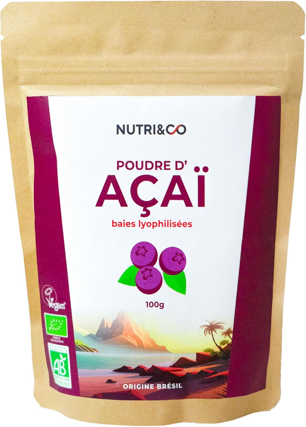 NUTRI & CO Açaï BIO en Poudre 100g - Naturellement Riche en Antioxydants, Vitamine C & Oméga 9 - Issue de l’Agriculture Durable et Équitable en Amazonie - Superaliment Lyophilisée Bio et Vegan