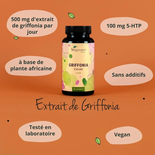 5-HTP GRIFFONIA - Dosage Élevé : 500 mg Extrait Griffonia - Anti Stress + Humeur - 20% de 5HTP - Vegan & Sans Additifs - 90 Gélules - Vegavero®