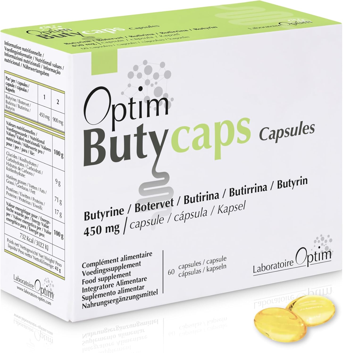 Acide butyrique - Butyrine liquide 450mg - 60 gélules - Transit, Côlon & Flore Intestinale - Complément alimentaire source de butyrate - Optim Butycaps Capsules