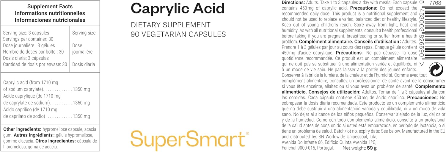 Acide Caprylique - Contribue à Lutter contre les Désordres Fongiques (Candida albican) - Booste les Effets du Régime Cétogène - Vegan - Sans Gluten - Supersmart