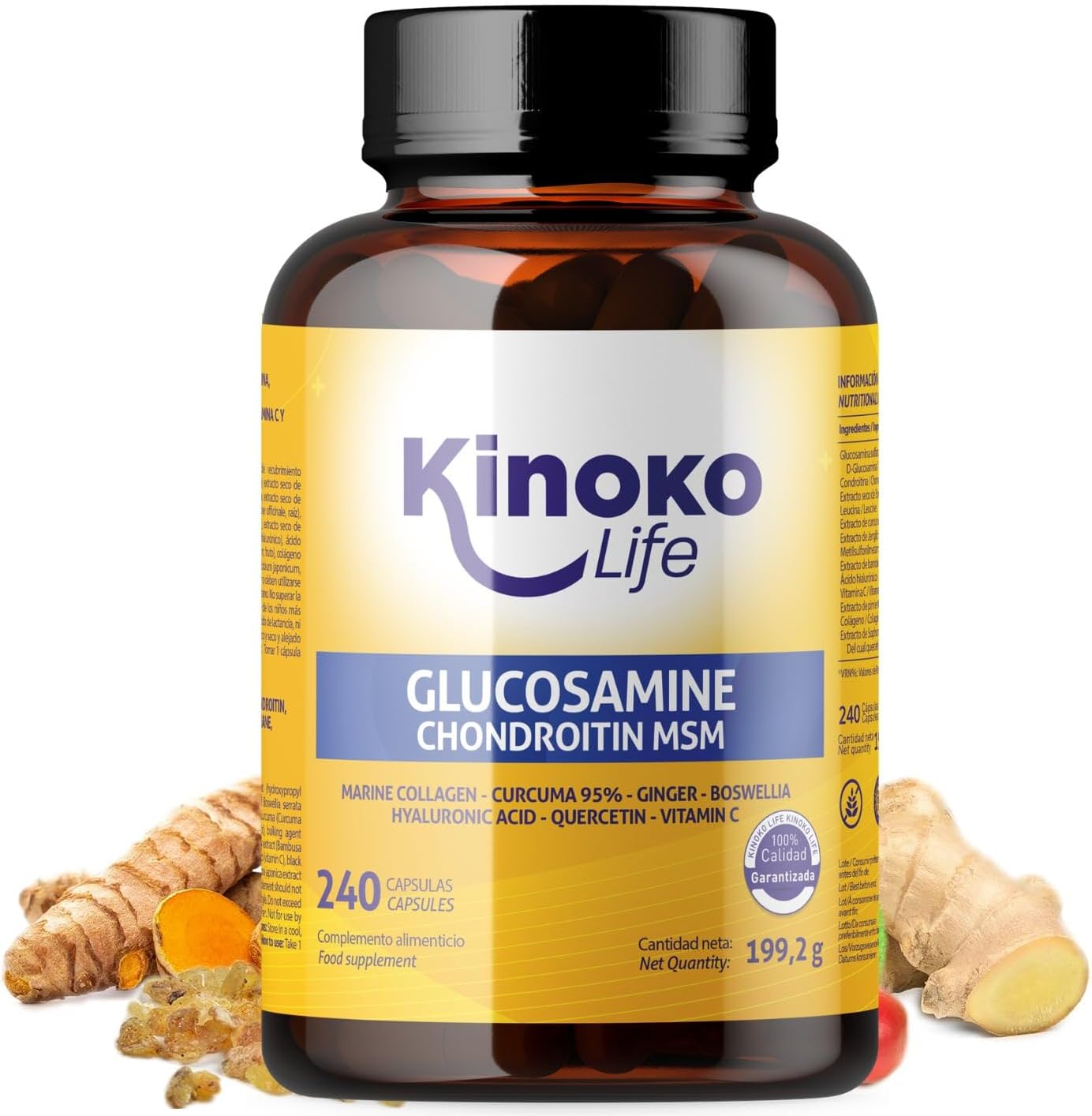 Glucosamine et Chondroïtine 240 gélules avec MSM, collagène marin, acide hyaluronique, curcuma, poivre noir, gingembre, boswellia et quercétine pour articulations, cartilage, os