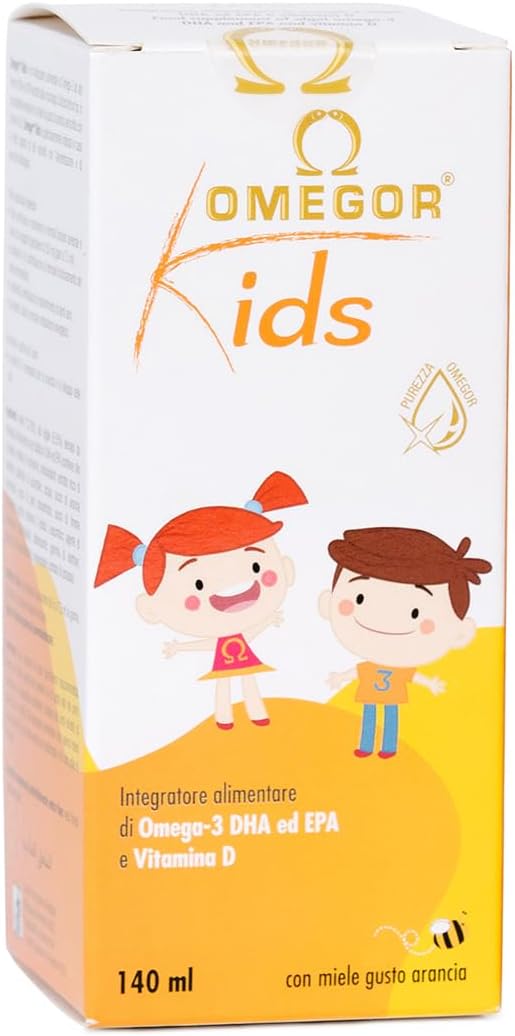 ® Kids avec oméga-3 végétal DHA pour enfants 250 mg de DHA et 125 mg d'EPA à partir d'huile d'algue - Miel et jus de fruits - Avec de la vitamine D3 - Bouteille de 150 ml avec cuillère.