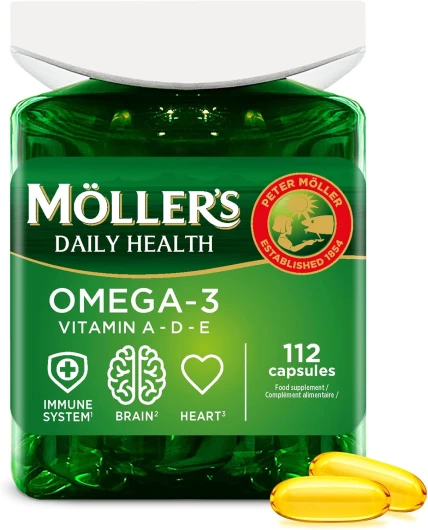 Moller’s ® - Capsules oméga-3 - Huile de poisson - Complément alimentaire nordique d'oméga-3 avec EPA, DHA, vitamines A, D et E - Marque vieille de 166 ans - Daily Health - 112 capsules 112 unité (Lot de 1)