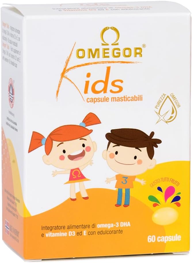 Gélules Omegor Kids - 250 mg d'oméga-3 DHA pour les enfants - Gélules molles exquises à croquer, créées à partir de gélatine de poisson - Goût sucré - Saveur délicate multifruits, 60 gélules