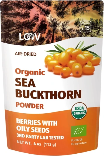 Poudre d’argousier bio LOOV, riche en fibre, faite à 100% de baies entières, 110 g, cultivés dans les régions nordiques, riche en oméga, vitamines C et E, Portions de 23 jours, ni sucre ajouté ni OGM
