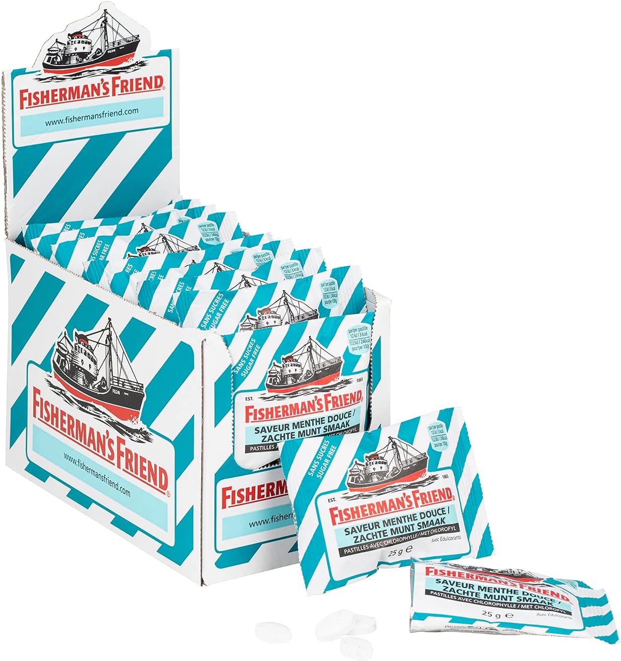 Fisherman'S Friend - Sachets Menthe Douce Pastilles Sans Sucres, Avec Chlorophylle Fraîcheur Intense Haleine Fraîche - Lot Idéal Pour Le Partage Entre Amis - Boîte de 24 sachets de 25g Menthe Douce Cholorophulle Sans Sucres Lot de 24