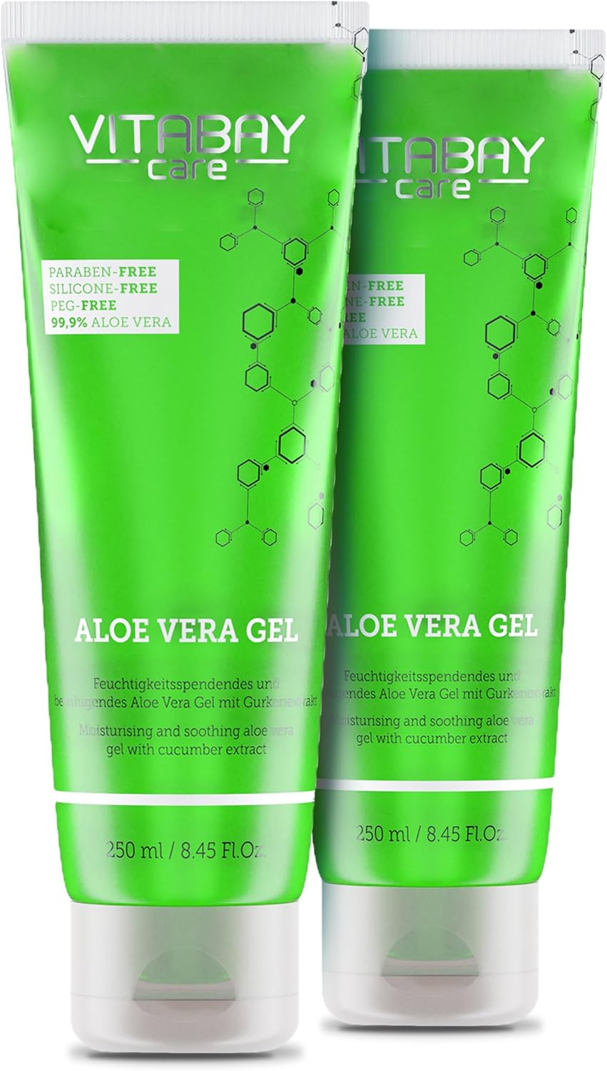 Gel Aloe Vera Hydratant Visage Cheveux 250 ml x 2 - Aloe Vera Gel 100% (99,9%) - Apres Soleil, Coup de Soleil, Gel Aloe Vera Cheveux Plaquage et Bouclés - Gel d'Aloe Vera + Extrait Concombre 250 ml (Lot de 2) Gel d'Aloe Vera