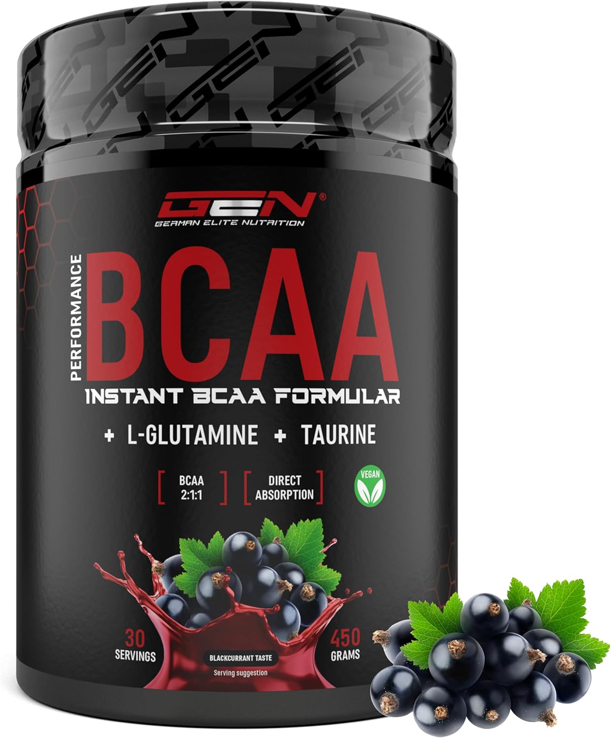 BCAA Performance - 450 g de poudre - BCAA instantanés + L-Glutamine + Taurine - Délicieux & super soluble - Acides aminés végétaliens - Ratio 2:1:1 - (Cassis) Cassis 450