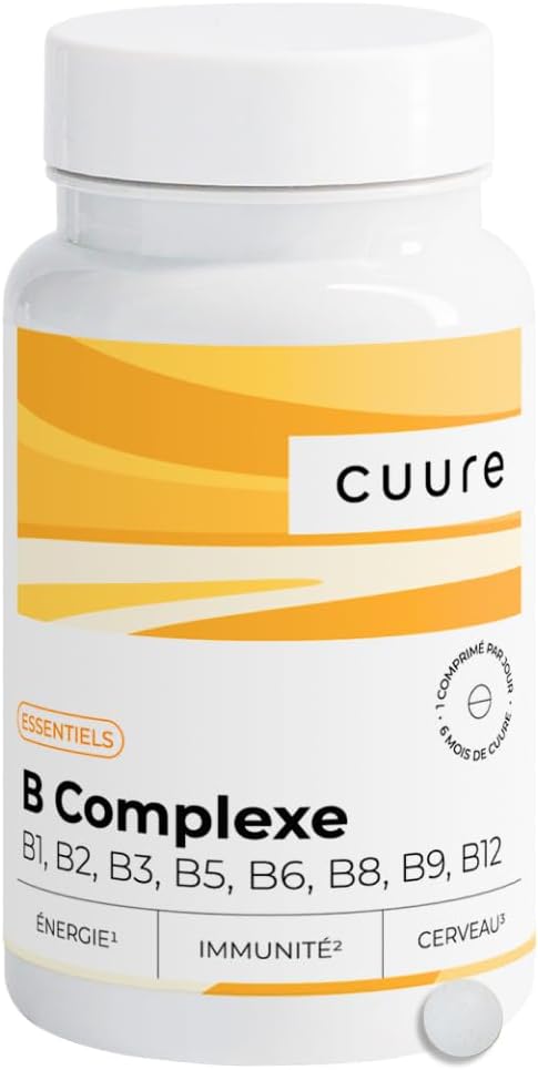 Vitamine B Complexe - CUURE - Formes Hautement Assimilable - Vitamine B1, B2, B3, B5, B6, B7, B8 / Biotine, B9 / Acide Folique & B12-180 Jours - Vegan - Fabriqué en France Sans saveur 180 unité (Lot de 1)