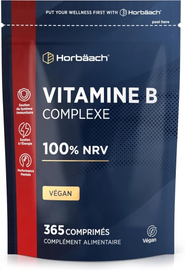 Vitamine B Complex - 365 Comprimés Vegan pour 1 An - Complexe de Vitamine B1, B2, B3, B6, B12 Acide Folique et Choline - Complément Alimentaire Défenses Immunitaires - par Horbaach
