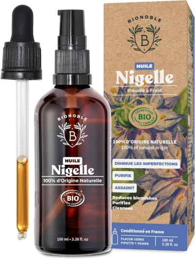 Huile de Nigelle Bio Pure 100ml + Pipette et Pompe - Bouteille en Verre - 100% Naturelle, Pressée à Froid - Visage Corps Cheveux - Huile de Cumin Noir Bio, Black Seed Oil 100 ml (Lot de 1) Nigelle
