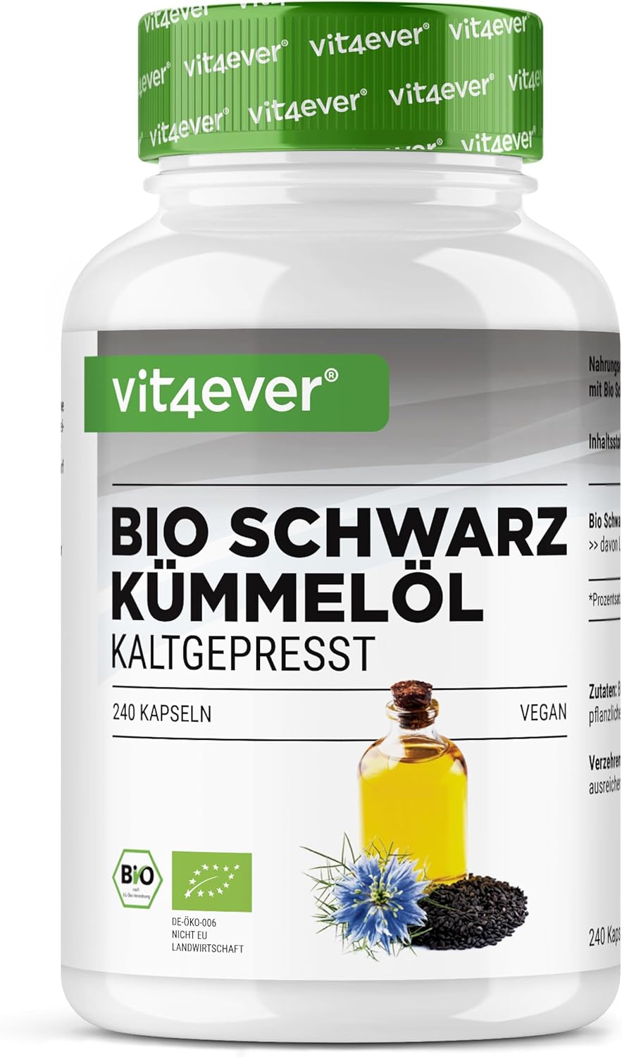 Huile de cumin noir bio - 240 gélules végétaliennes - hautement dosées : 1000mg d'huile de cumin noir égyptienne par dose journalière - dont 50% d'acide linoléique - pressée à froid - 100% végétale