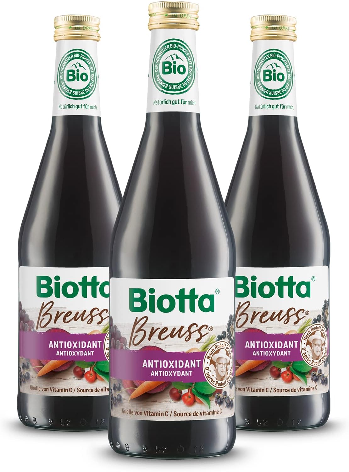BIOTTA - Breuss - Soutient les défenses des cellules - Jus de fruits et légumes 100% Bio - Betterave lacto-fermenté, cassis, raisin - Haute teneur en vitamine C et antioxydants - 500ml - Lot de 3.