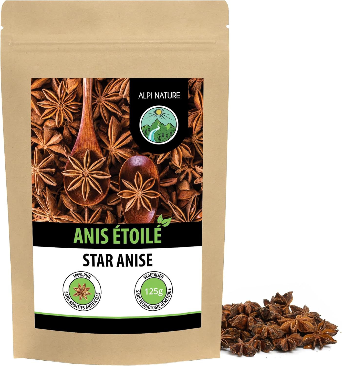 Badiane Anis Étoilé Entière 125g par Alpi Nature, Gousses de Badiane Entières pour la Cuisine 125 g (Lot de 1)