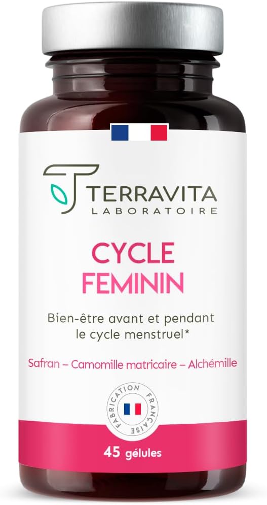 Cycle Féminin - Complément Alimentaire Règles Douloureuses et Syndrome Prémenstruel - Avec Camomille, Pissenlit, Vit B6 et Safran Breveté Safr’Inside™ - 45 Gélules Vegan - Made in France - Terravita
