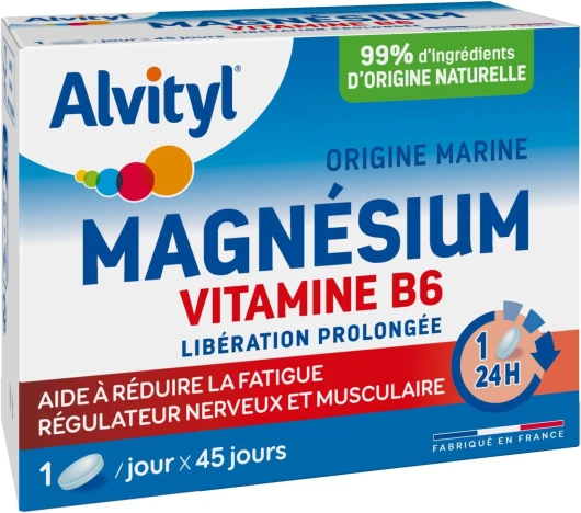 Magnésium 300mg + Vitamine B6 - Libération Prolongée - Diffusion lente et progressive - Magnésium d'origine Marine - Stress, Fatigue, Irritabilité - Fabriqué en France - Comprimés 45 jours