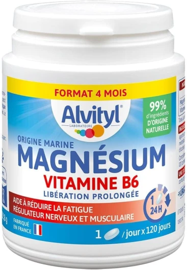 Magnésium 300mg + Vitamine B6 - Libération Prolongée - Diffusion lente et progressive - Magnésium d'origine Marine - Stress, Fatigue, Irritabilité - Fabriqué en France - Comprimés 120 Jours