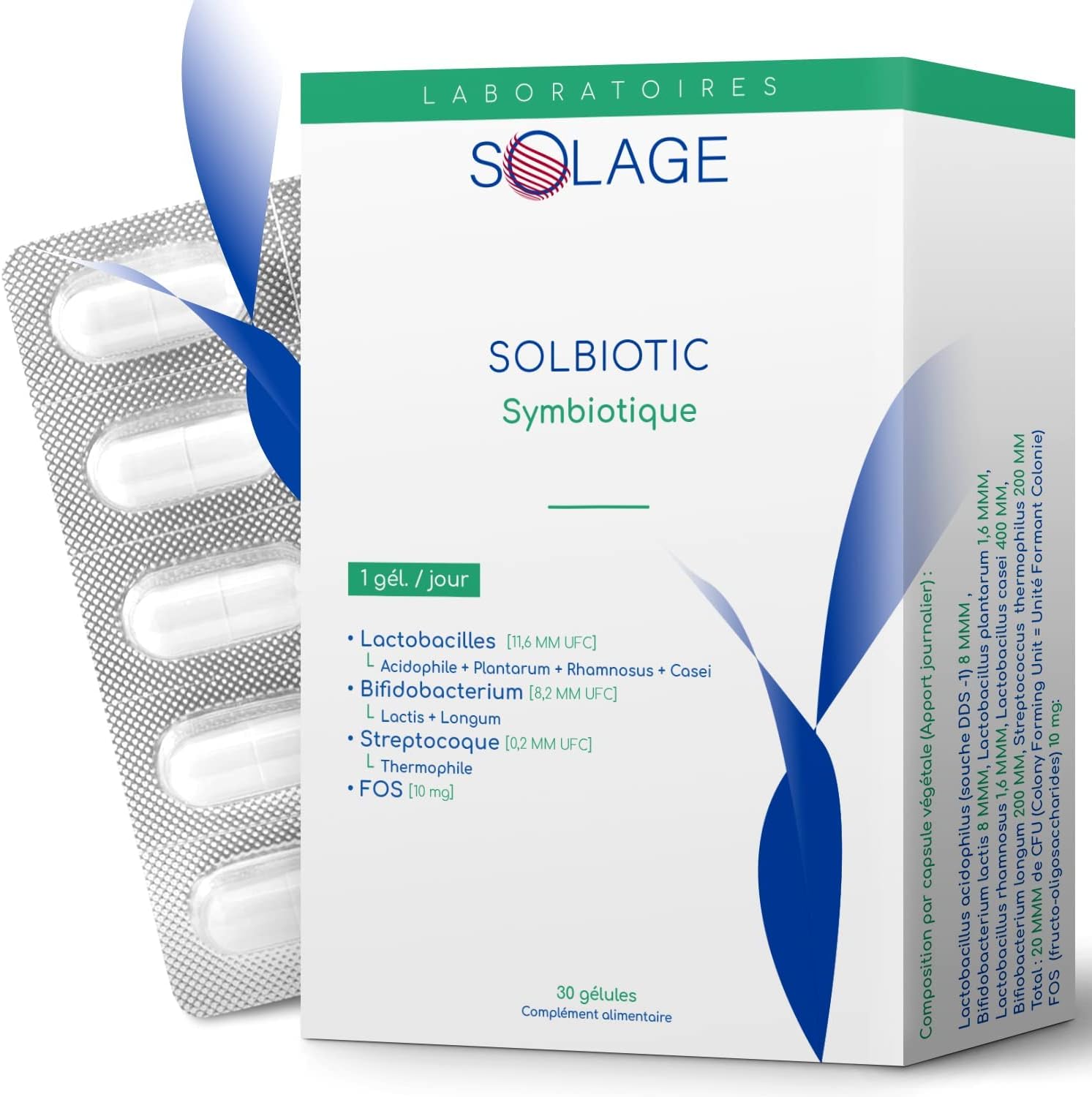 SOLBIOTIC Cure de Bactéries Lactiques & Prébiotiques - Flore Intestinale - 20Mds UFC Haute Activité - 30 gélules Gastro-résistantes - 1 par jour suffit Complément Alimentaire - Laboratoire Français SOLAGE