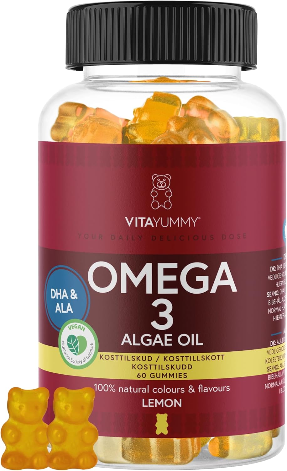 VitaYummy Oméga 3 Végétaliens Gommes vitaminées pour Enfants et Adultes, au Goût de Citron - sans Additifs Artificiels - Pas de Goût de Poisson - Végétalien & Sans Gélatine - 60 Bonbons Vitaminés