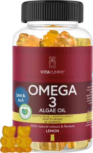 VitaYummy Oméga 3 Végétaliens Gommes vitaminées pour Enfants et Adultes, au Goût de Citron - sans Additifs Artificiels - Pas de Goût de Poisson - Végétalien & Sans Gélatine - 60 Bonbons Vitaminés