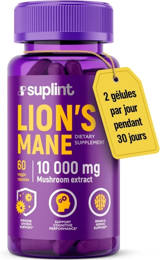 Complément Lion’s Mane – 1000 mg – Extrait 10:1 de Crinière de Lion (Hericium Erinaceus) – 60 Gélules Véganes – Nootropique Naturel – 1 Boîte
