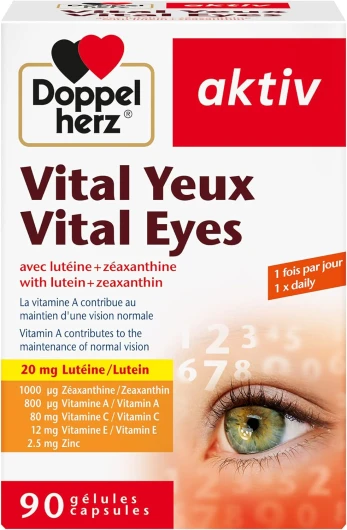 , Vital Yeux, Complément alimentaire vision et santé des yeux, Lutéine & Zéaxanthine + Vitamines et Zinc, Pour le maintien d'une vision normale, 90 capsules Rouge-marron 90 unité (Lot de 1)