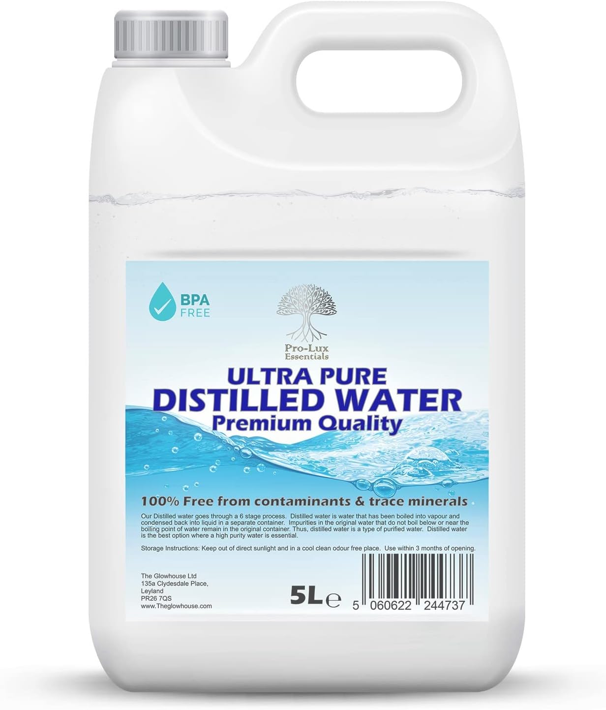 Eau distillée 100% pure - pour PPC, fer, humidificateur, nettoyage, moteurs et plus encore - Fabriquée au Royaume-Uni (5 litres)