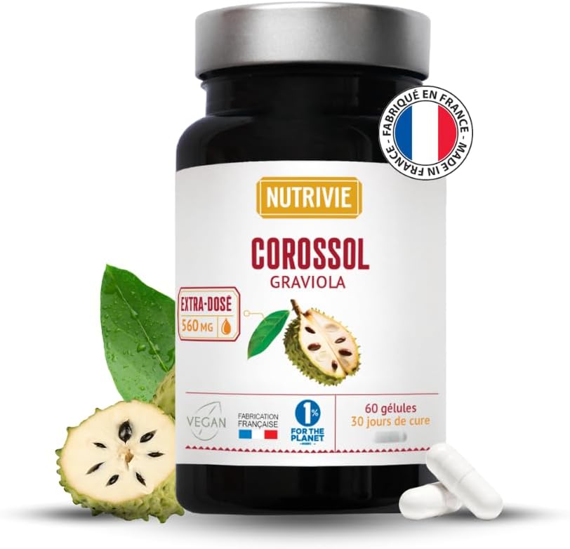 Corossol Graviola - Riche en Antioxydants, Vitamines & Minéraux - Hautement dosé 560 mg - Cure 1 mois - 100% Naturel - 60 Gélules Vegan