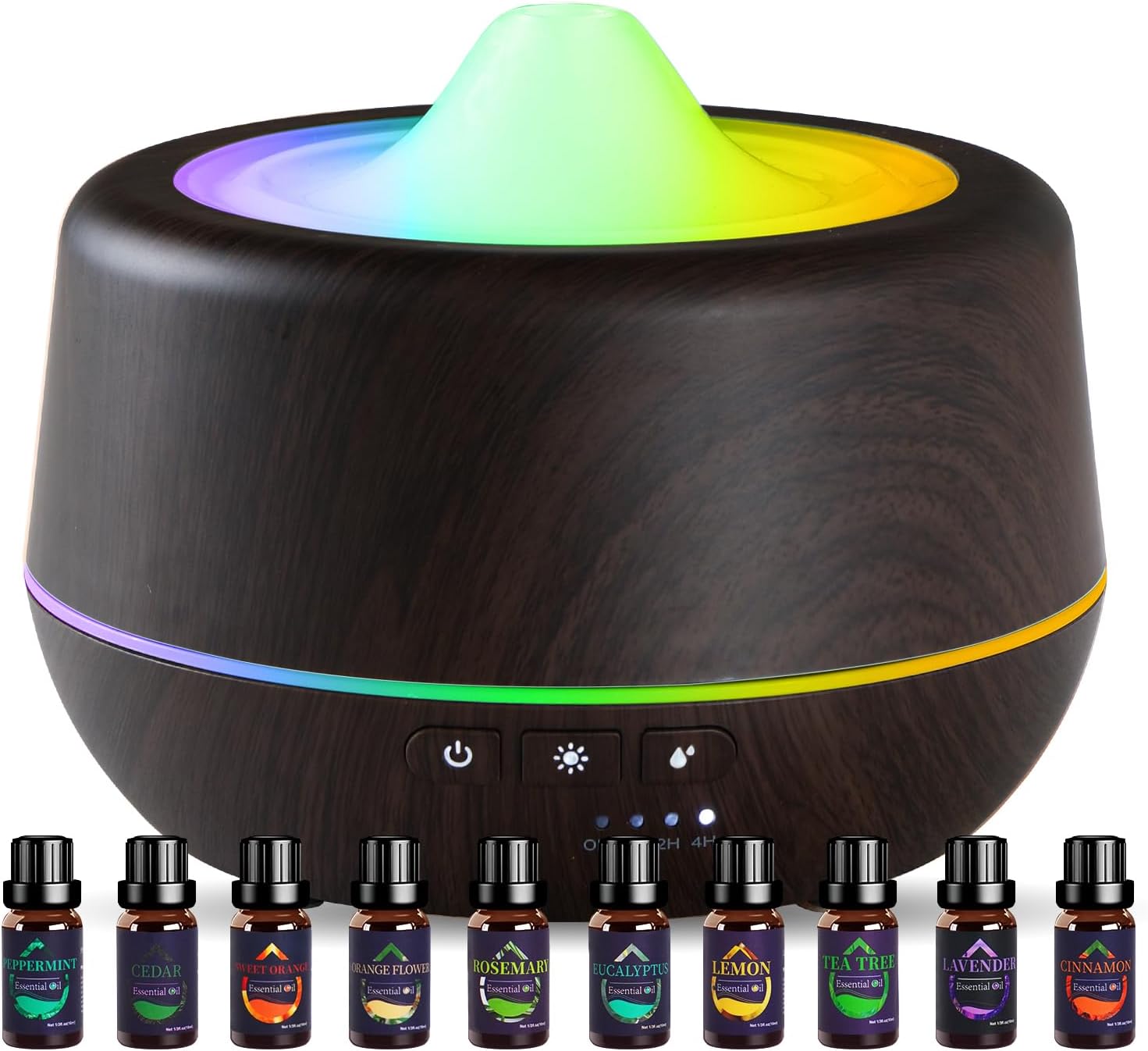 Diffuseur d'huiles essentielles, 500ml, diffuseur d'aromathérapie à ultrasons craquelés, humidificateur à Brume Froide avec lumières LED 7 Couleurs, 4 minuteries, Fonction d'arrêt (Noir-10)