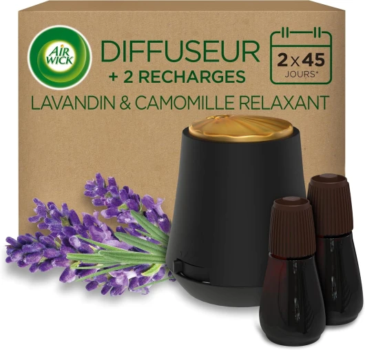 Diffuseur d’huiles Essentielles Essential Mist + 2 Recharges Parfum Lavande et Camomille Blanc