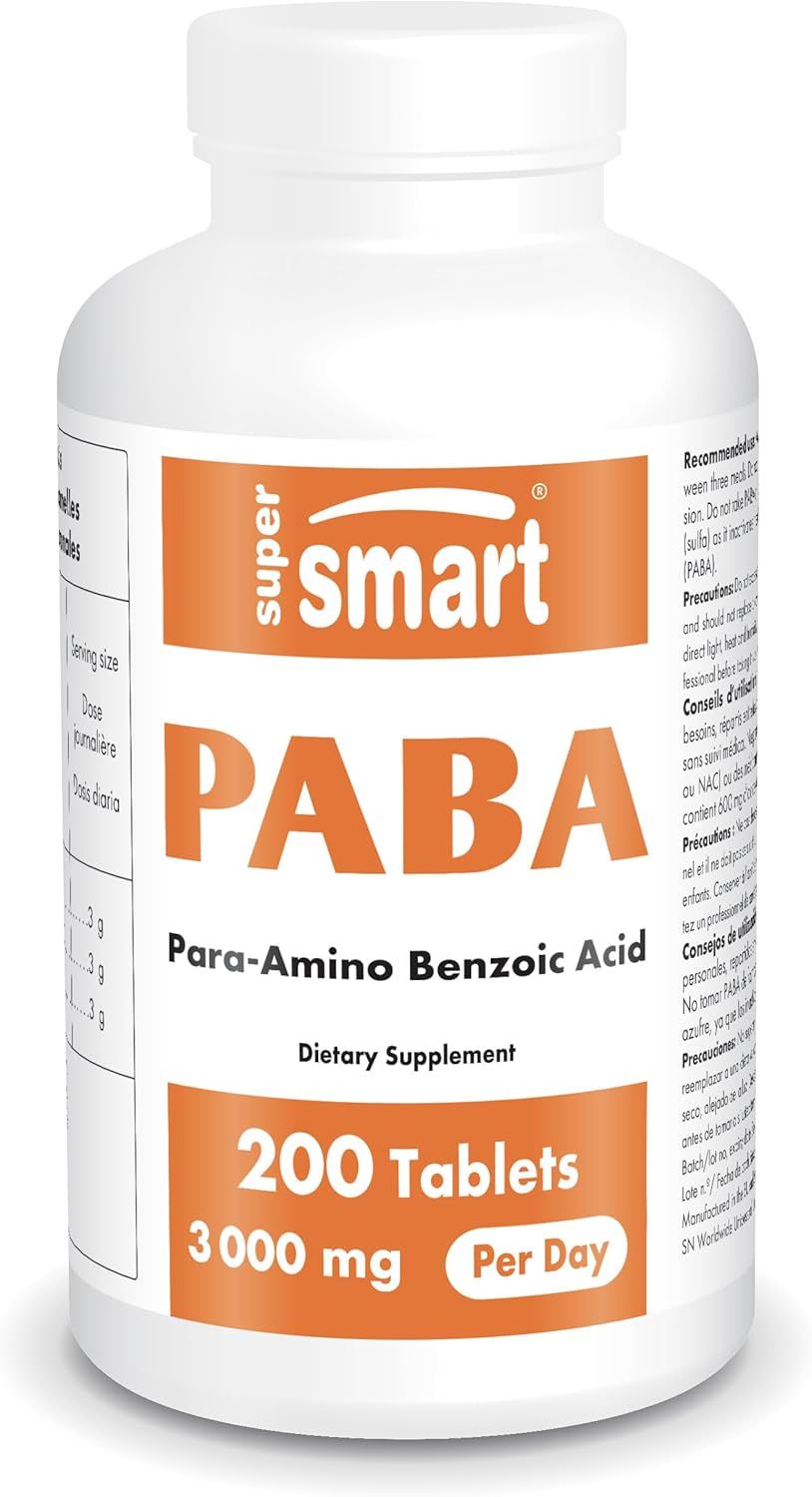 PABA 600 mg - Anti-UV Naturel à Base d’Acide Para-Amino-Benzoïque - Contribue à Freiner l’Apparition des Coups de Soleil - Aide à Protéger contre les Polluants Atmosphériques - Vegan - Supersmart