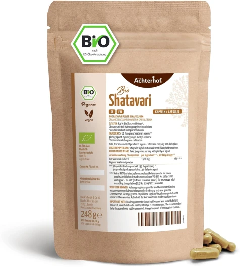 Gélules de Shatavari 400 pièces - Recharge - 500 mg par gélule - poudre fine de Shatavari de qualité biologique - Ayurvéda pour femmes - végétalien - vom Achterhof 400 pièces (Lot de 1)