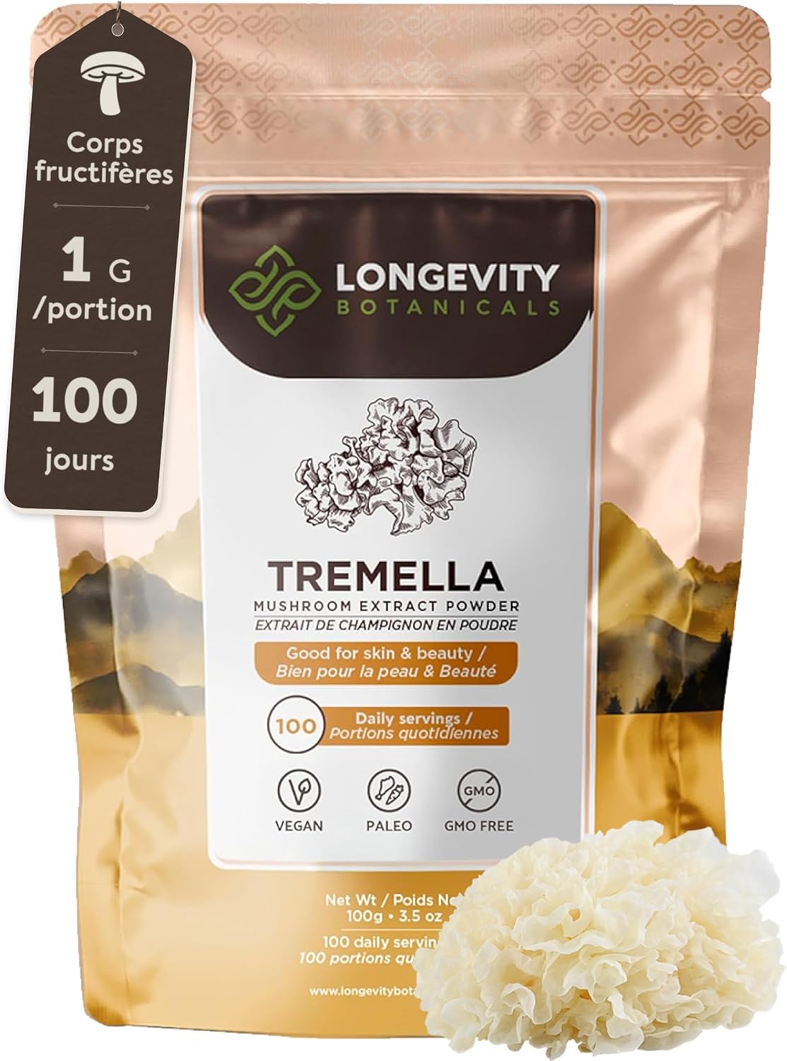 Longevity Botanicals Poudre d’extrait de Tremelle 100 g - Concentré 10:1 - 100% corps fructifères - Tremella (Champignon neige) pour peau, cheveux, ongles, articulations & cerveau