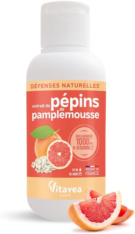 Extrait de Pépins de Pamplemousse Epp + Vitamine C : Défenses Naturelles, 50 ml, Concentré en Bioflavonoïdes
