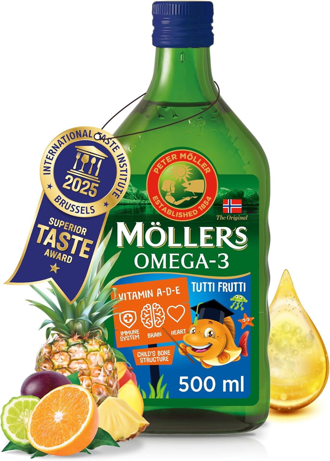 Moller’s ® - Huile de foie de morue enfant oméga 3 - Compléments alimentaires oméga-3 avec EPA, DHA, vitamines A, D et E - Prix Superior Taste - Marque vieille de 166 ans - Tutti Frutti - 500 ml Tutti Frutti 500 ml (Lot de 1)