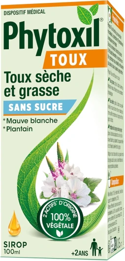 TOUX SANS SUCRE - Sirop 100ml - Dispositif médical - Soulage la toux sèche et toux grasse - Mauve blanche - Plantain - A partir de 2 ans​ Pack of 1 100 ml