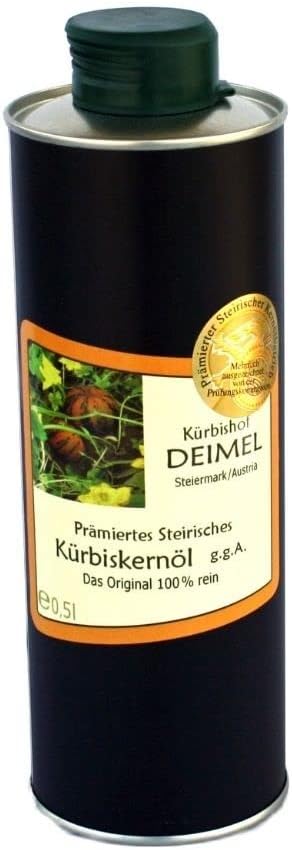 Kürbishof DEIMEL Steiermark/Austria - Boîte de 500 ml - Huile de pépins de courge authentique d'Autriche - Directement du producteur En boîtes d'huile - modernes & stylées 500 ml (Lot de 1)
